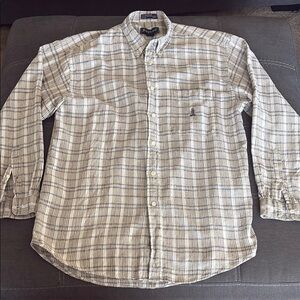SIRGFIED linen Cream and Brown Casual Button Down Shirt. M